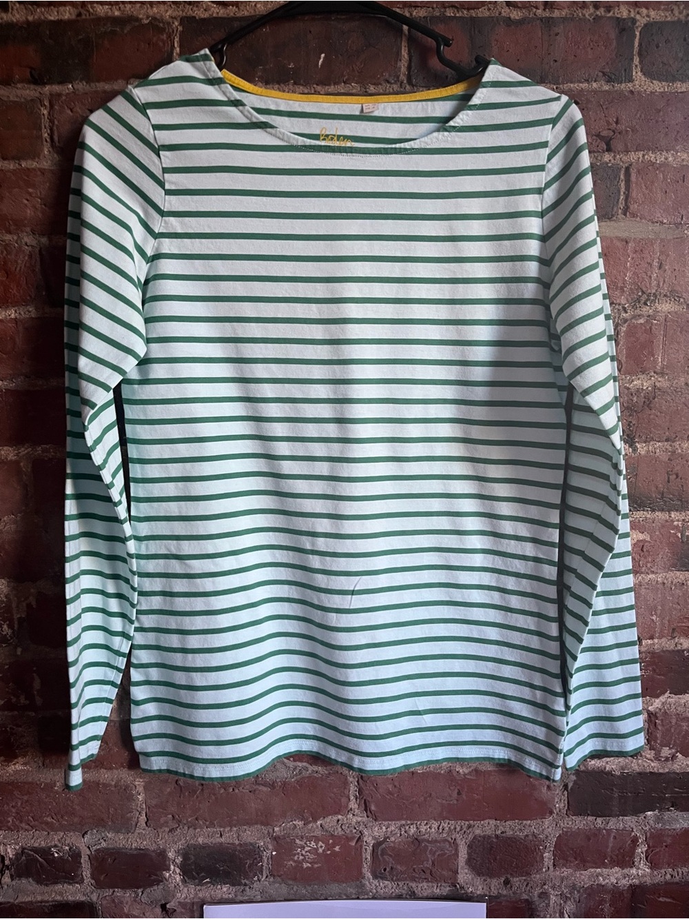 Boden Green and White Striped Tee with Yellow Trim